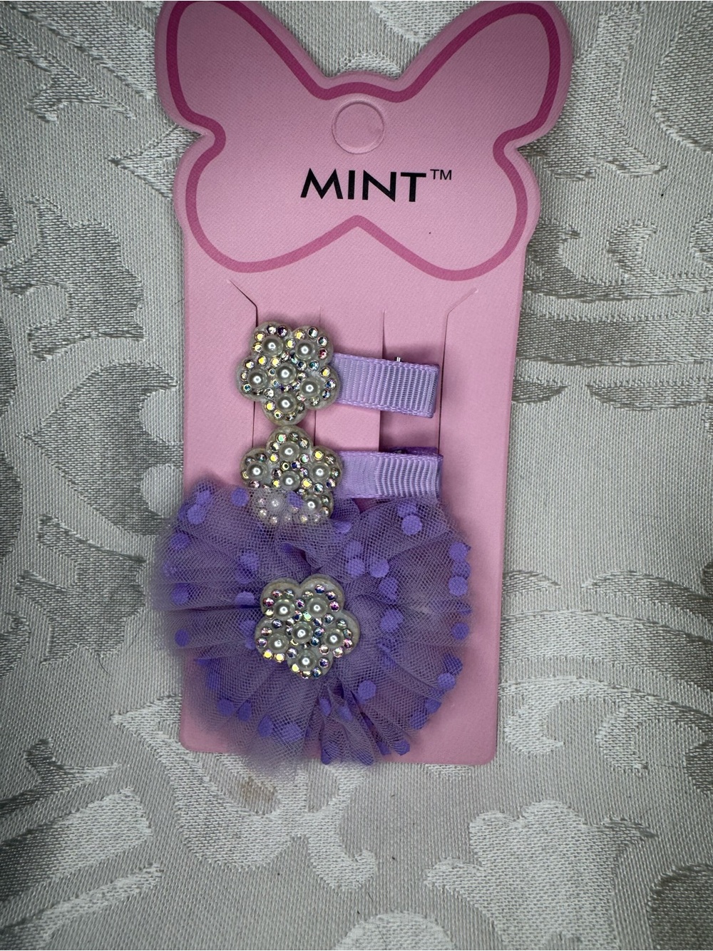 New Mint Lavender Tulle 3 piece Flower Hair Clip Set with Sparkle Centers